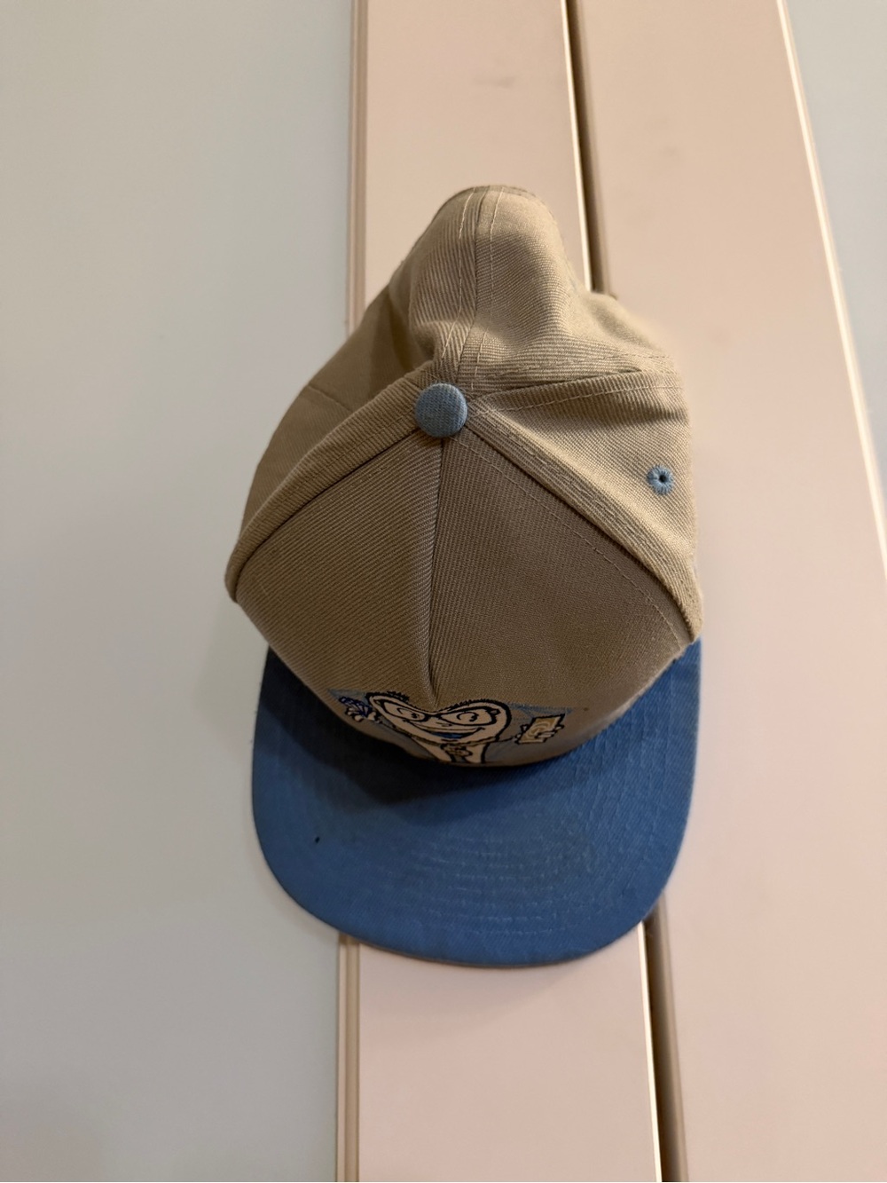 DGK Two-Tone Snapback Hat in Beige and Black with Embroidered Cartoon